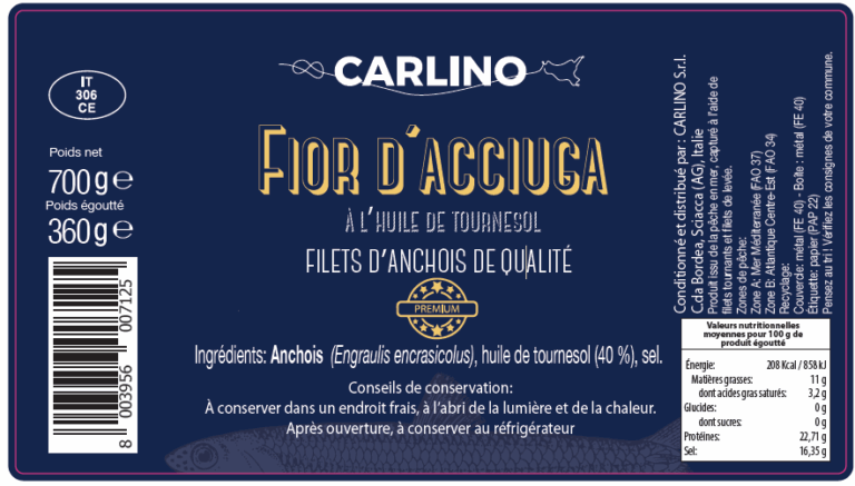Filets d’Anchois Premium Huile Tournesol Boîte Fer (700 g x 12) Carlino